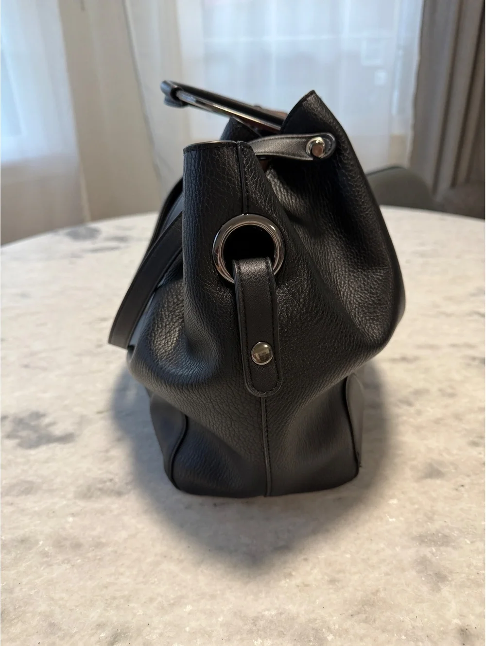 Sondra Roberts Black/Brown Pebbled Satchel Zip Top Handle Pockets Gunmetal
